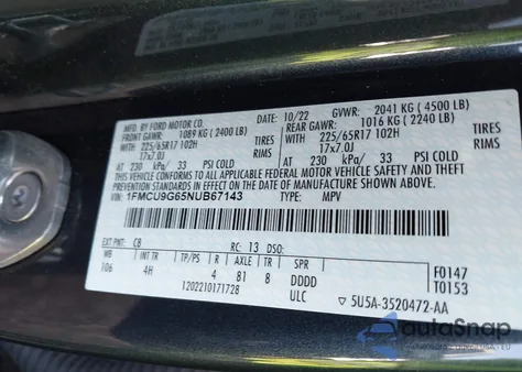 2022 Ford Escape Se из США, поврежденный, VIN 1FMCU9G65NUB67143